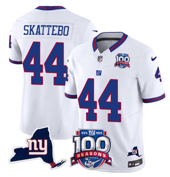 Men's New York Giants #44 Cam Skattebo White 2025 Draft F.U.S.E. 100th Season & State Patch Vapor Limited Stitched Football Jersey Men's New York Giants #44 Cam Skattebo White 2025 Draft F.U.S.E. 100th Season & State Patch Vapor Limited Stitched Football Jersey